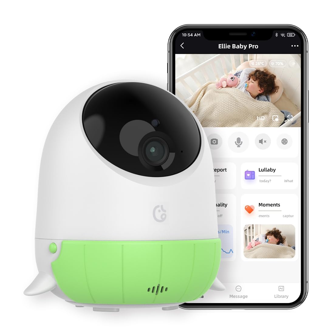 Ellie Baby Monitor with Camera and Audio, Face Covered Alert, AI Cry Soothing Lullaby, 2K HD Camera, Auto Photo Capture, Infrare