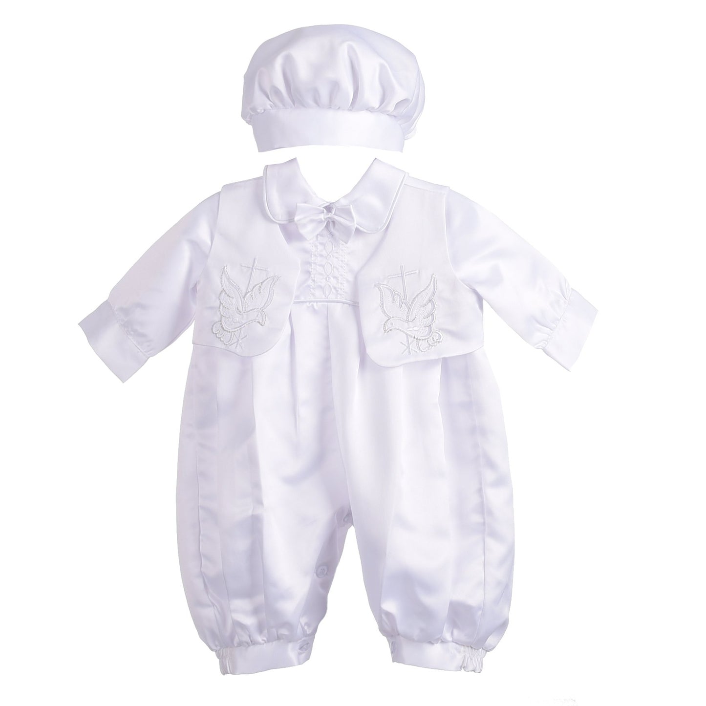 Dressy Daisy Infant Baby Boy Christening Baptism Outfit Satin Romper Bodysuit Set with Bonnet Hat Size 3-6 Months, White