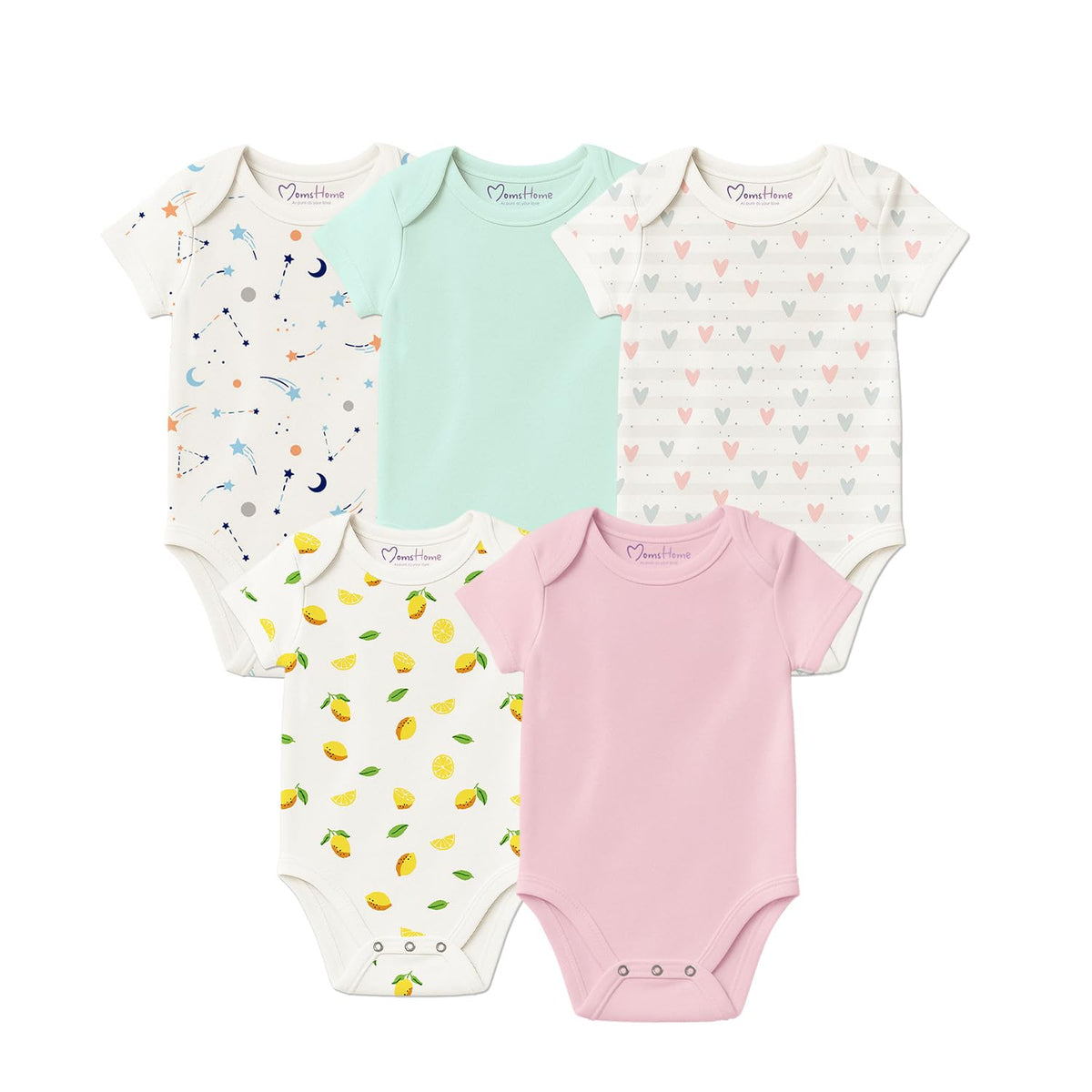 MomS Home Soft Organic Cotton Unisex New Born Baby Onesie/Bodysuit | 03 Months | Pack Of 5