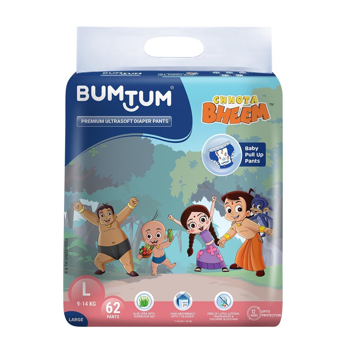Bumtum Chota Bheem Large Baby Diaper Pants, 62 Count, Leakage Protection Infused With Aloe Vera, Cottony Soft High Absorb Techno