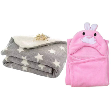 BRANDONN All Season Supersoft Hooded and Printed Blanket and Bath Towel Pack of 2 (Grey, Baby Pink)
