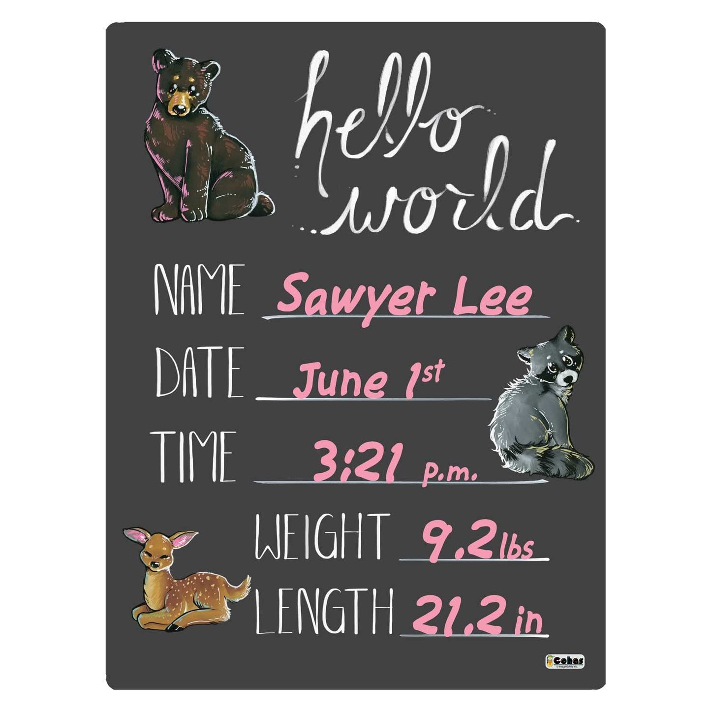 Cohas Hello World Newborn Baby Announcement Chalkboard Sign With Mountain Animal Theme, 12 By 16 Inches, No Marker