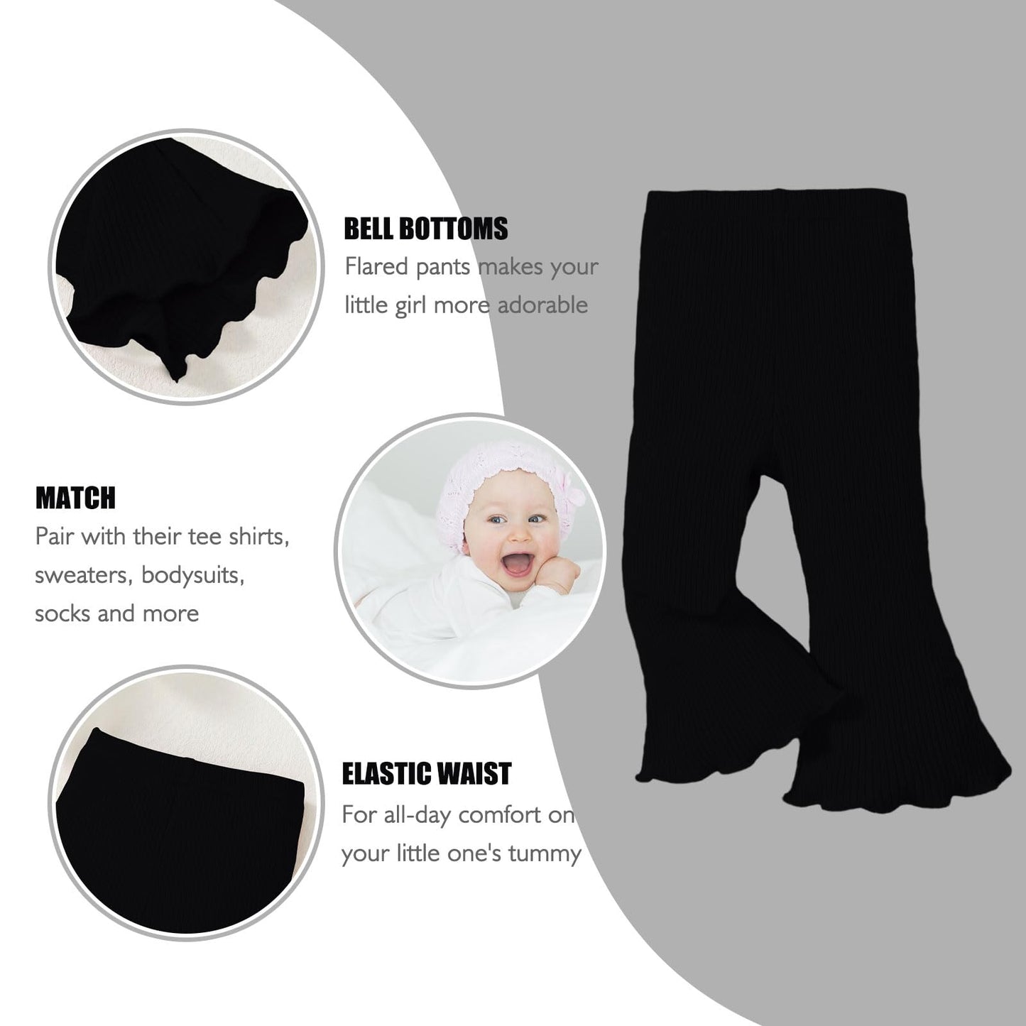 Sobowo Baby Girl Bell Bottoms Toddler Baby Girl Flare Pants 3 Pack Solid Ribbed Ruffle Bell Bottoms Pants Fall Outfits(Black/Bei