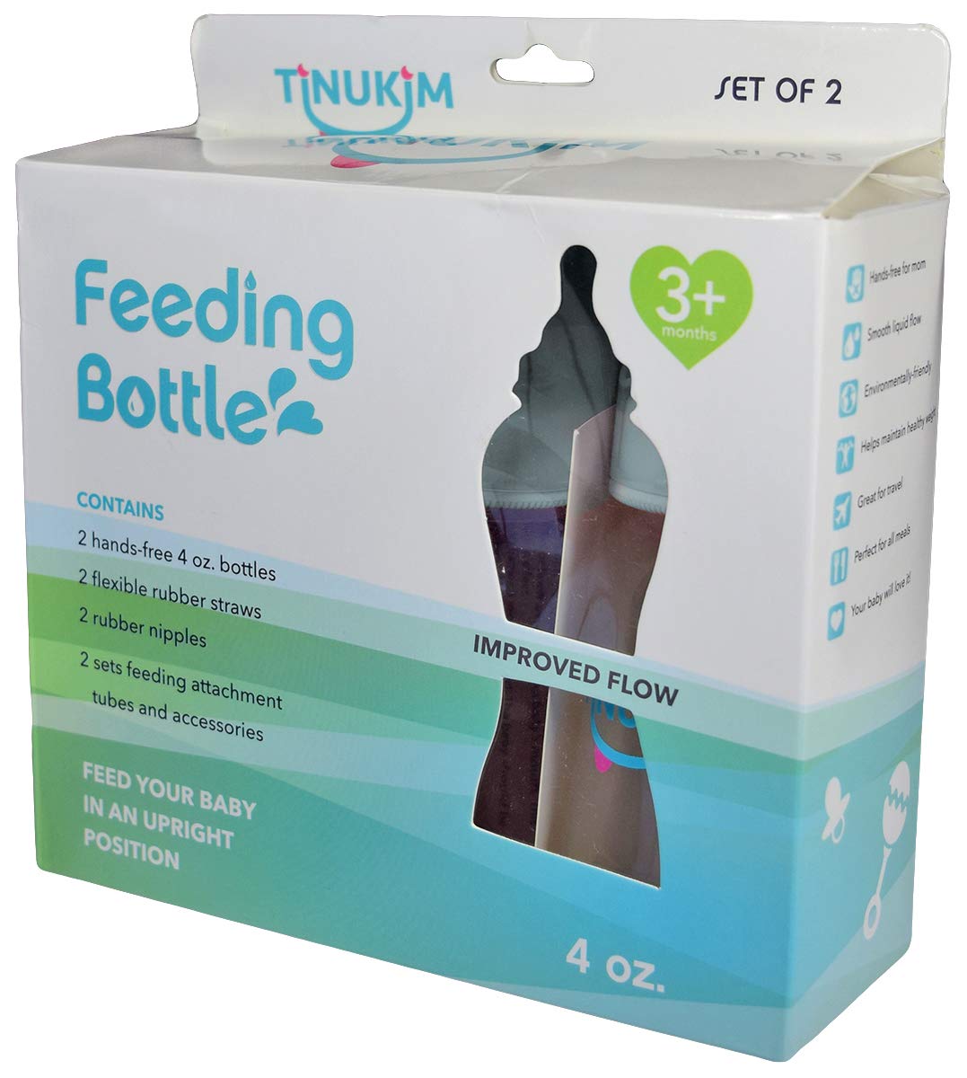 Tinukim Ifeed 4 Ounce Self Feeding Baby Bottle With Tube - Handless Anti-Colic Nursing System, Blue - 2-Pack