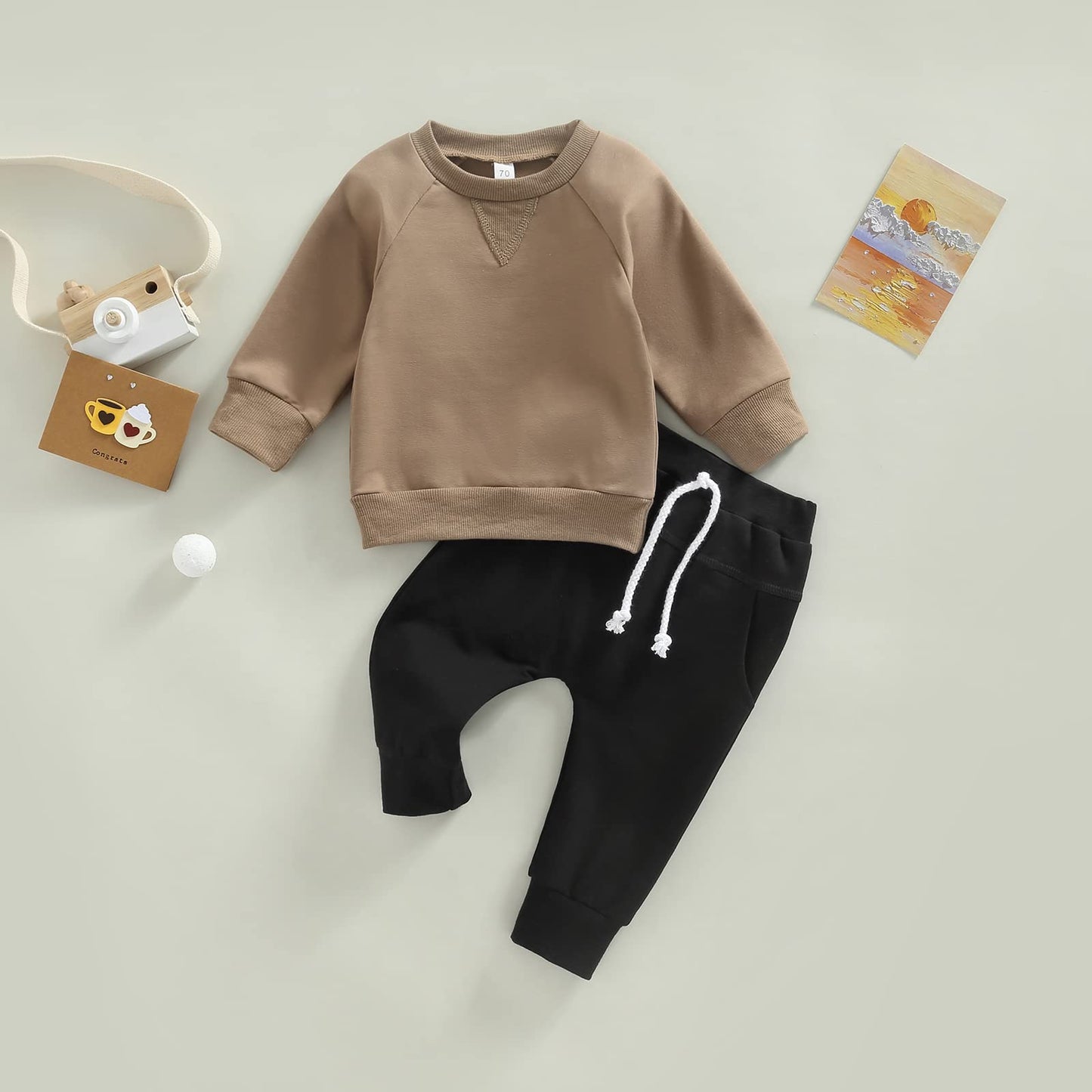 Toddler Baby Boy Clothes Set Solid Color Long Sleeve Crewneck Sweatshirt Top Casual Pants Set 2Pcs Fall Winter Outfits (Coffee B