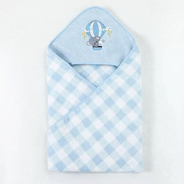 Hi mom Baby Hooded Towel, Peach Gingham, Teddy Bear Rainbow Embroidery, Soft Wrap for Infants (Blue)