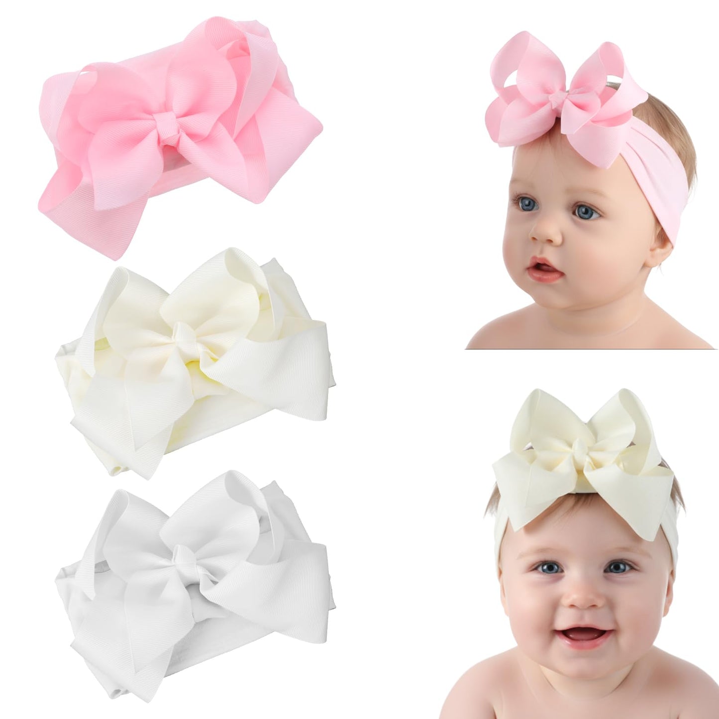 Tucnoeu 3pcs Baby Girl Headbands with Bows - Soft Stretchy Newborn Bows for Girls, Infant Toddler Hair Accessories (White, Ivory