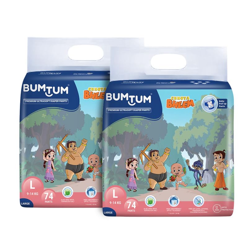 Bumtum Chota Bheem Baby Diapers | Pant Style Baby Diapers Large Size, 148 Count | Double Layer Leakage Protection Infused With A
