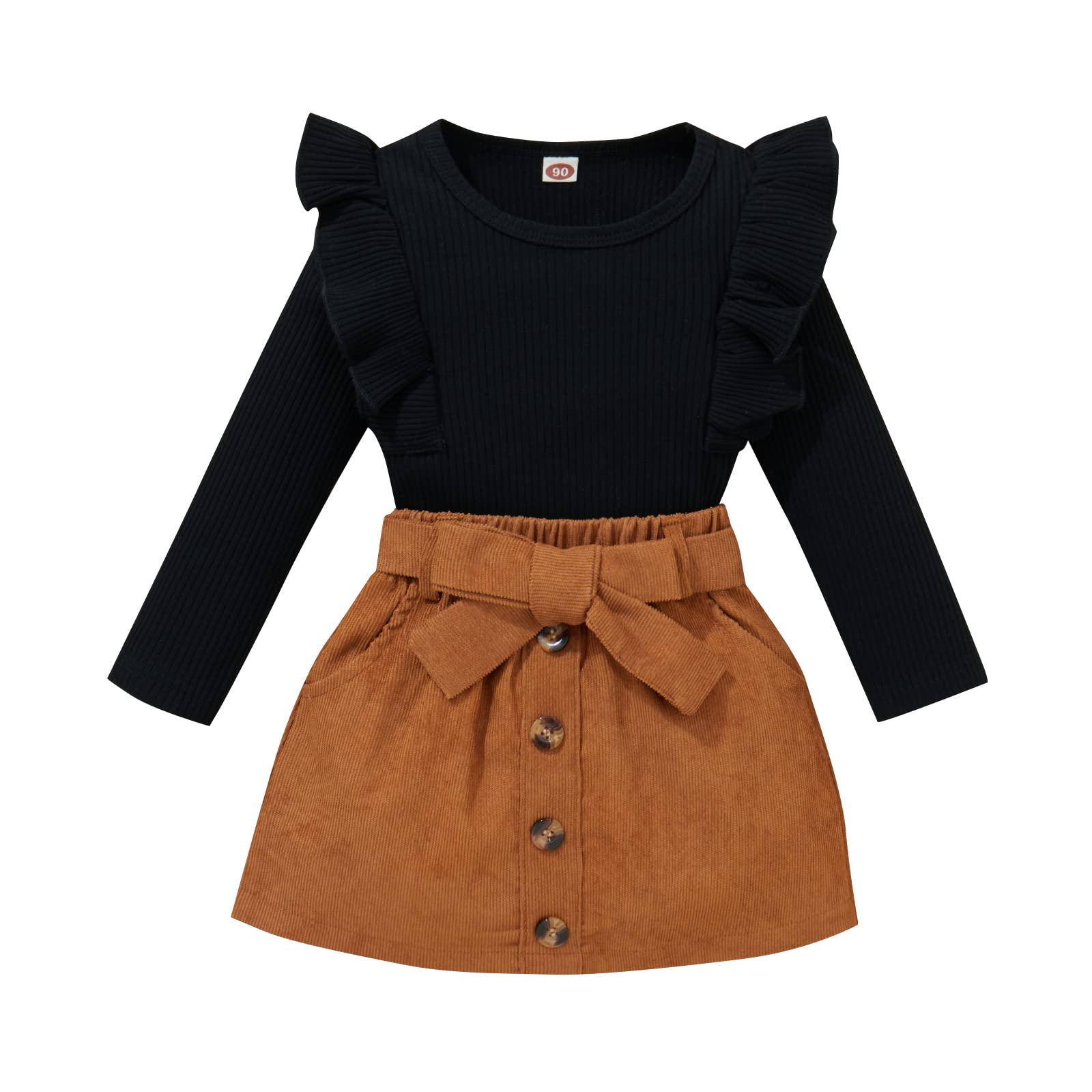 Yccutest Toddler Baby Girl Skirt Outfit Long Sleeve Ruffle Shirt Top Mini Skirt Set 2Pcs Kids Little Girl Clothes Fall Winter (B