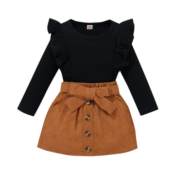 Yccutest Toddler Baby Girl Skirt Outfit Long Sleeve Ruffle Shirt Top Mini Skirt Set 2Pcs Kids Little Girl Clothes Fall Winter (B