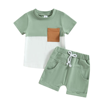 Yingisfitm Baby Boy Shorts Set Short Sleeve Tshirt Top Shorts Pants Cute Boy Summer Outfit Toddler Infant Clothes (Block Green,6