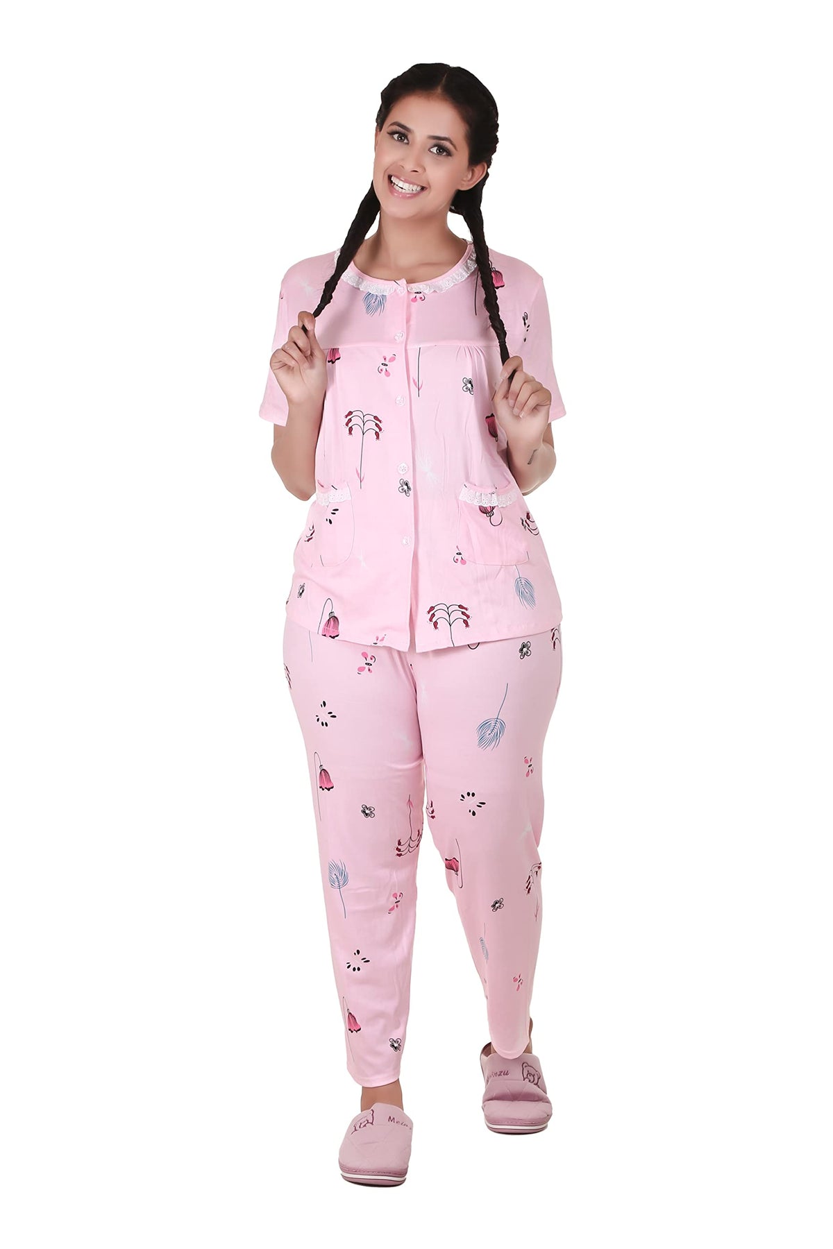 MUKHAKSH (Pack of 1 Set = 1 Pyjamas + 1 Top Girls Summer Cotton Beautiful Pink Night Suit Night Wear Lounge Wear Pyjamas Setvery