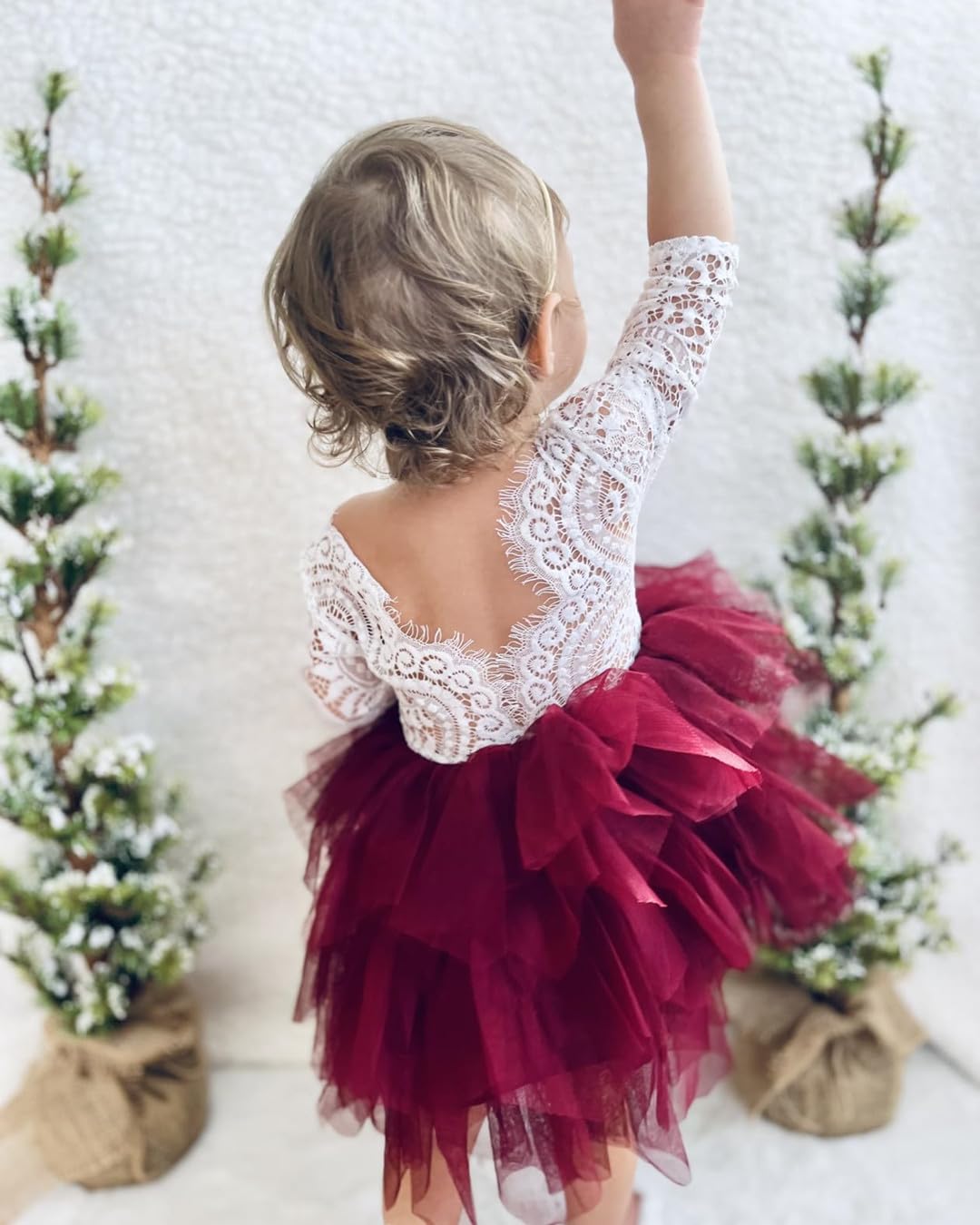 2Bunnies Girl Peony Lace Back A-Line Tiered Tutu Tulle Flower Girl Dress (Burgundy Sleeve Short, 7-8Yrs)