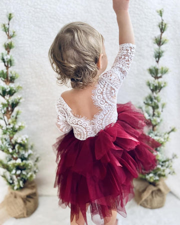 2Bunnies Girl Peony Lace Back A-Line Tiered Tutu Tulle Flower Girl Dress (Burgundy Sleeve Short, 7-8Yrs)