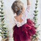 2Bunnies Girl Peony Lace Back A-Line Tiered Tutu Tulle Flower Girl Dress (Burgundy Sleeve Short, 6M)