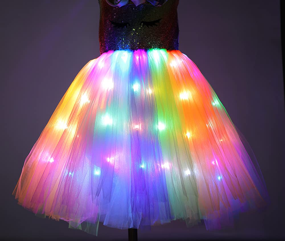Viyorshop Girl Unicorn Costume Led Light Up Unicorn Tutu Dress For Halloween Party Costumes(Rainbow Sequins, 3-4T)