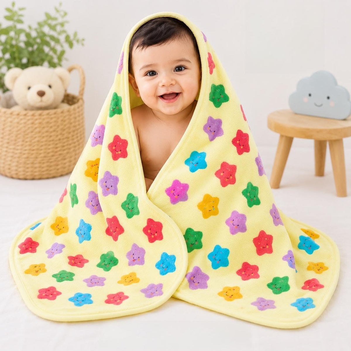 Vee Ess Baby Bath Towel Smiling Star Print 60 x 112 cm, Lemon Yellow
