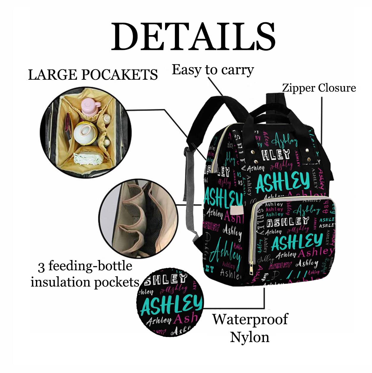 Artsadd Custom Name Diaper Bags Multifunction Backpack, Pink Stripe Love Travel Back Pack Customized Large Capacity Mommy Nappy