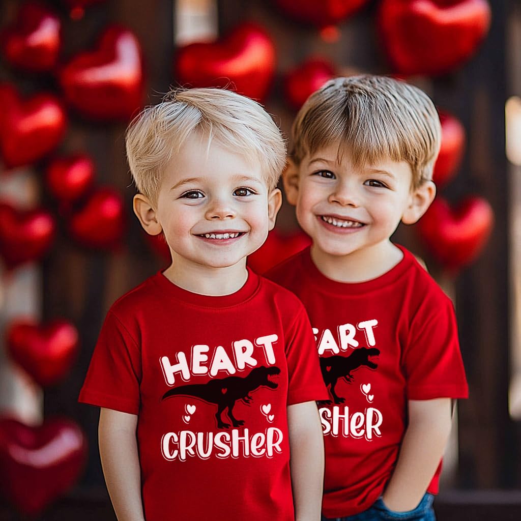 Little Boy Valentines Day Shirt Heart Crusher Dinosaur Graphic Vday Toddler Kids Tyrannosaurus Tops Size 7 Years