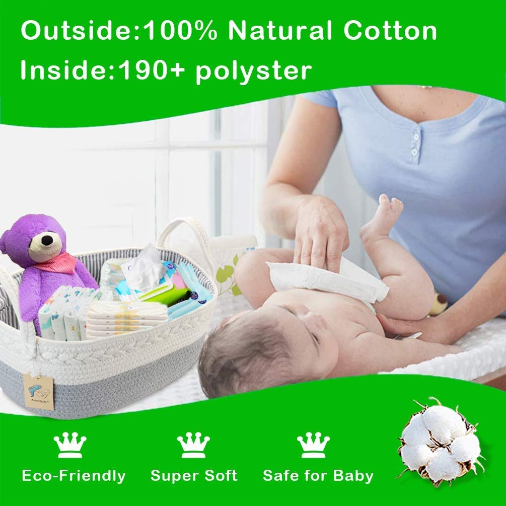 Lzellah Baby Diaper Caddy Organizer - Extra Large Nappy Caddy Rope Nursery Storage Bin - Baby Basket with 8 Pockets, 5 Compartme