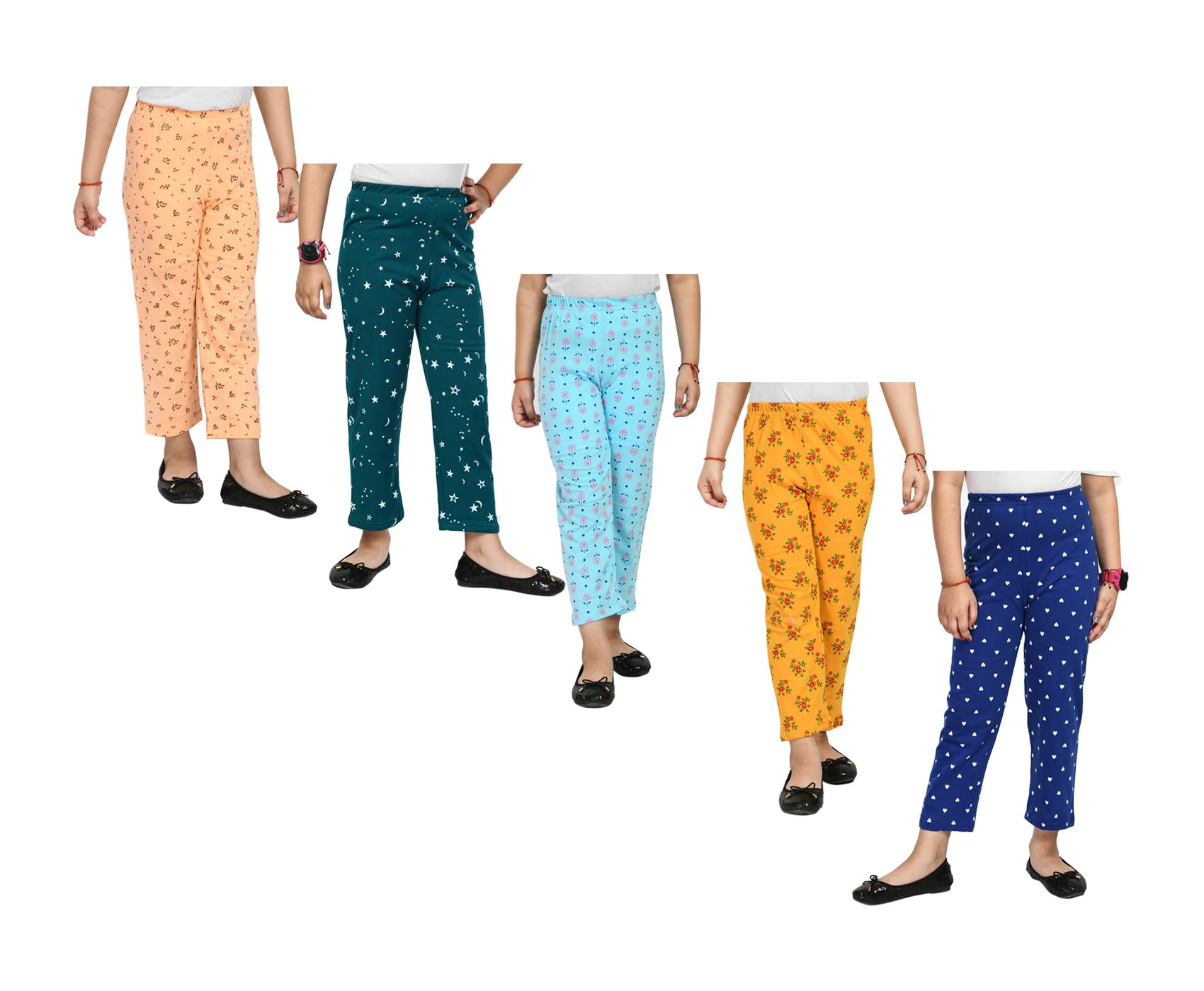 indi weaves Pack of 5 Girls Cotton Printed Pyjama | Soft Breathable Elastic Waist Night Pants for Girls | Comfortable Lounge Wea