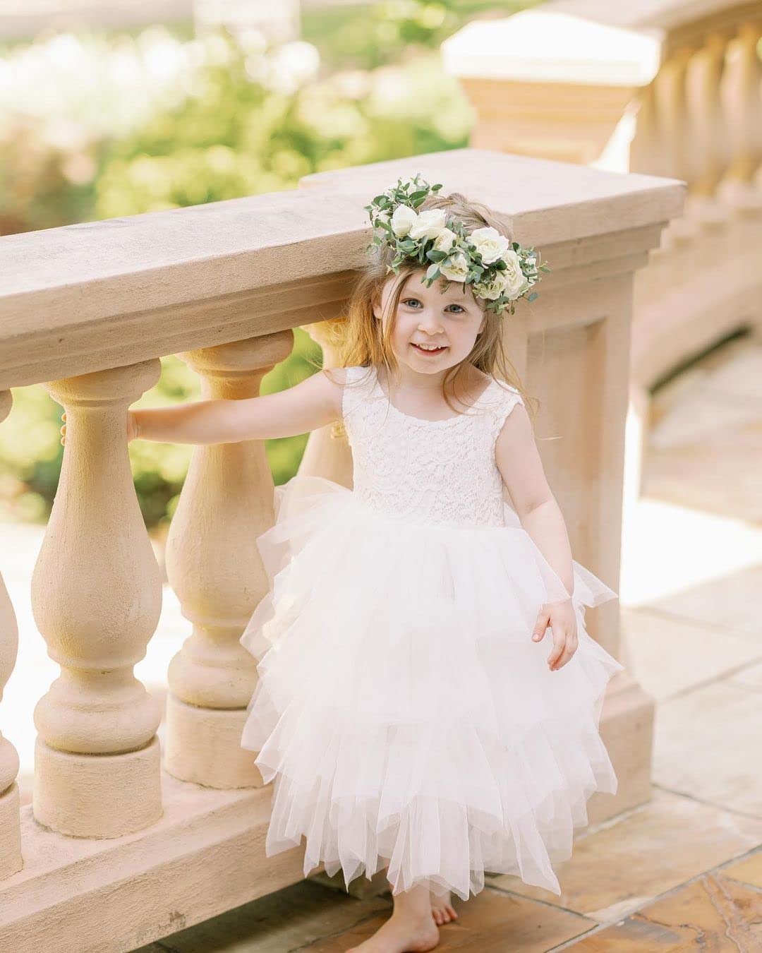 2Bunnies Girl Peony Lace Back A-Line Tiered Tutu Tulle Flower Girl Dress (White Sleeveless Maxi, 3T)