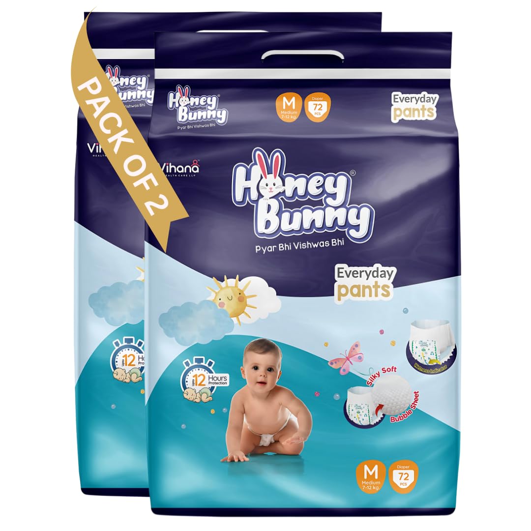 Honey Bunny Everyday Baby Diapers Pants | Medium (M), 144 Count, 712 Kg | Silky Soft On Skin, Bubble Layer | 12 Hours Protectio