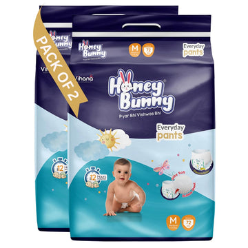 Honey Bunny Everyday Baby Diapers Pants | Medium (M), 144 Count, 712 Kg | Silky Soft On Skin, Bubble Layer | 12 Hours Protectio