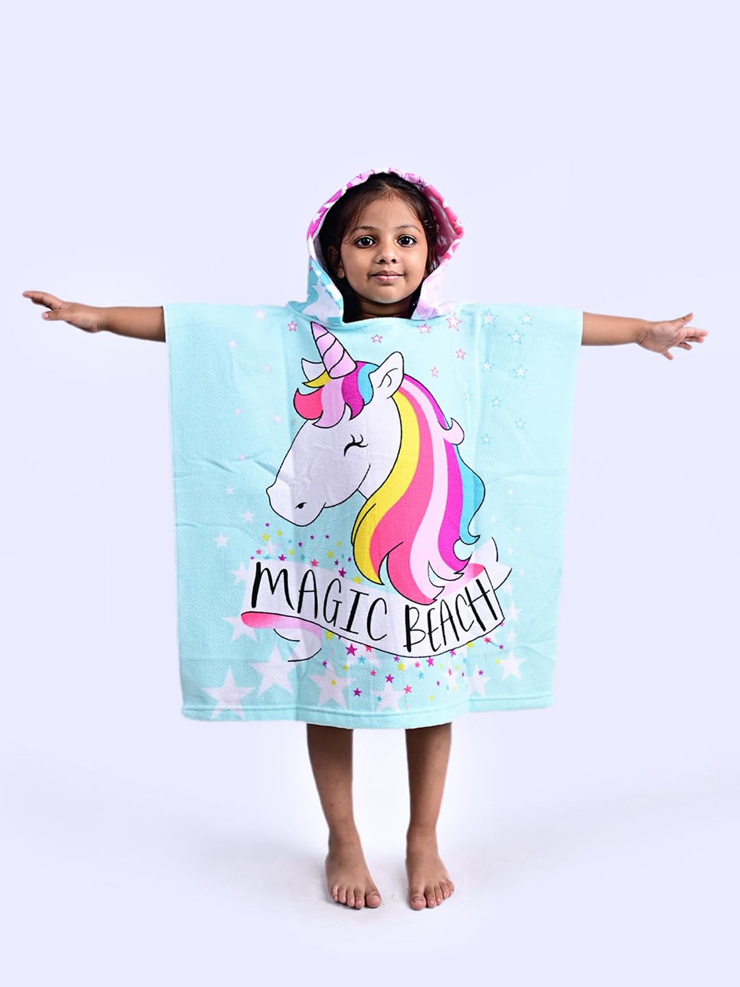 Yellow Bee Unicorn Hooded Poncho Towel for Girls (250 GSM) Aqua, Purple, White, 37 Years