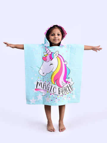 Yellow Bee Unicorn Hooded Poncho Towel for Girls (250 GSM) Aqua, Purple, White, 37 Years