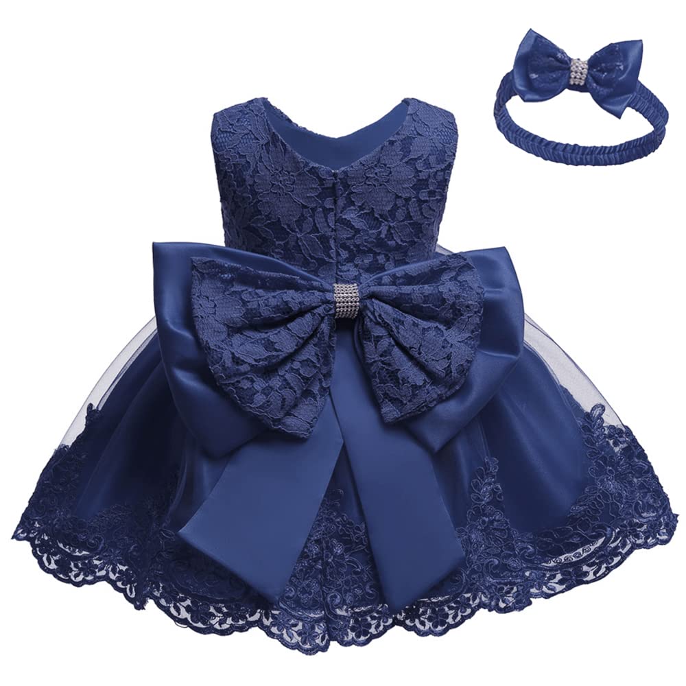 Little Girls Christmas Embroidery Lace Dresses Princess Easter Halloween Wedding Formal Event Dress(Navy Blue,120)