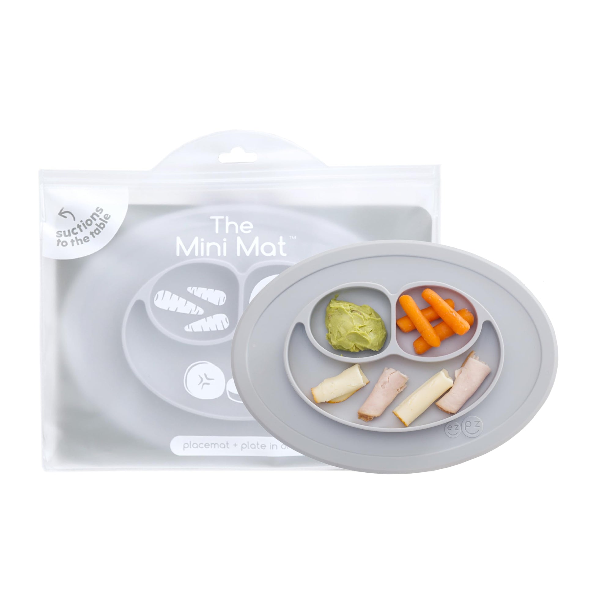 ezpz Mini Mat (Pewter) - 6 -12 Months+ - 100% Silicone Suction Placemat + Divided Plate with Three Compartments - Supports Baby-