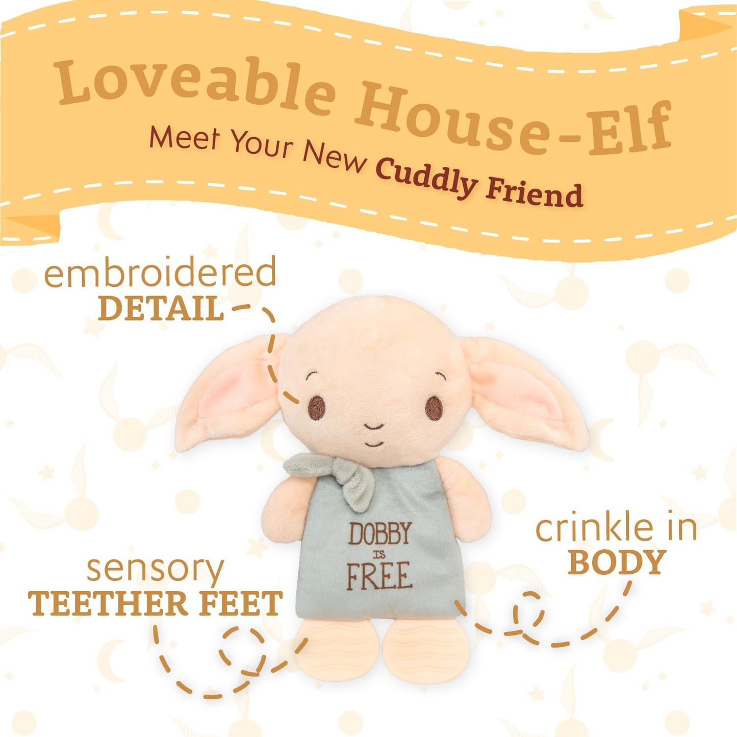 KIDS PREFERRED Harry Potter Dobby Teether Plush Toy Crinkle Cloth for Newborn Baby Boys and Girls 9.5 inches