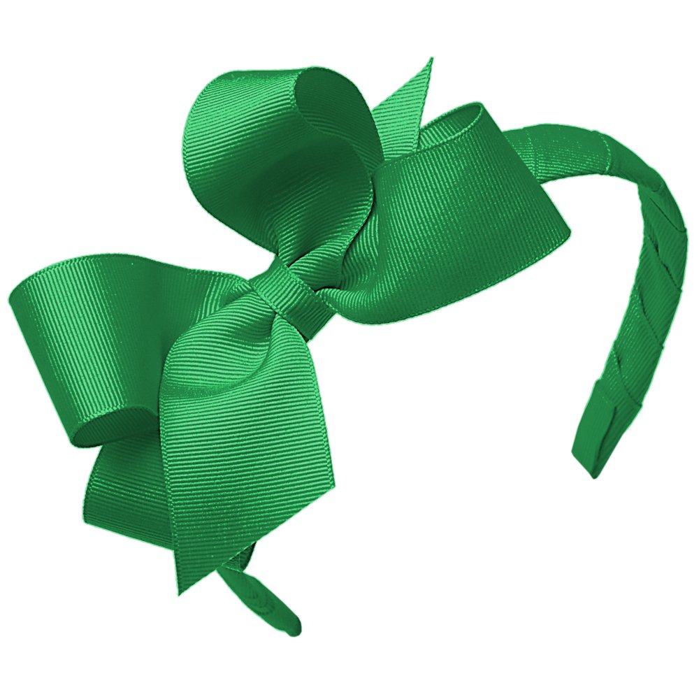 Wee Ones Girls Classic Grosgrain Hair Bow on a Wrapped Headband, Stylish For All Hair Types, Medium Bow, Green