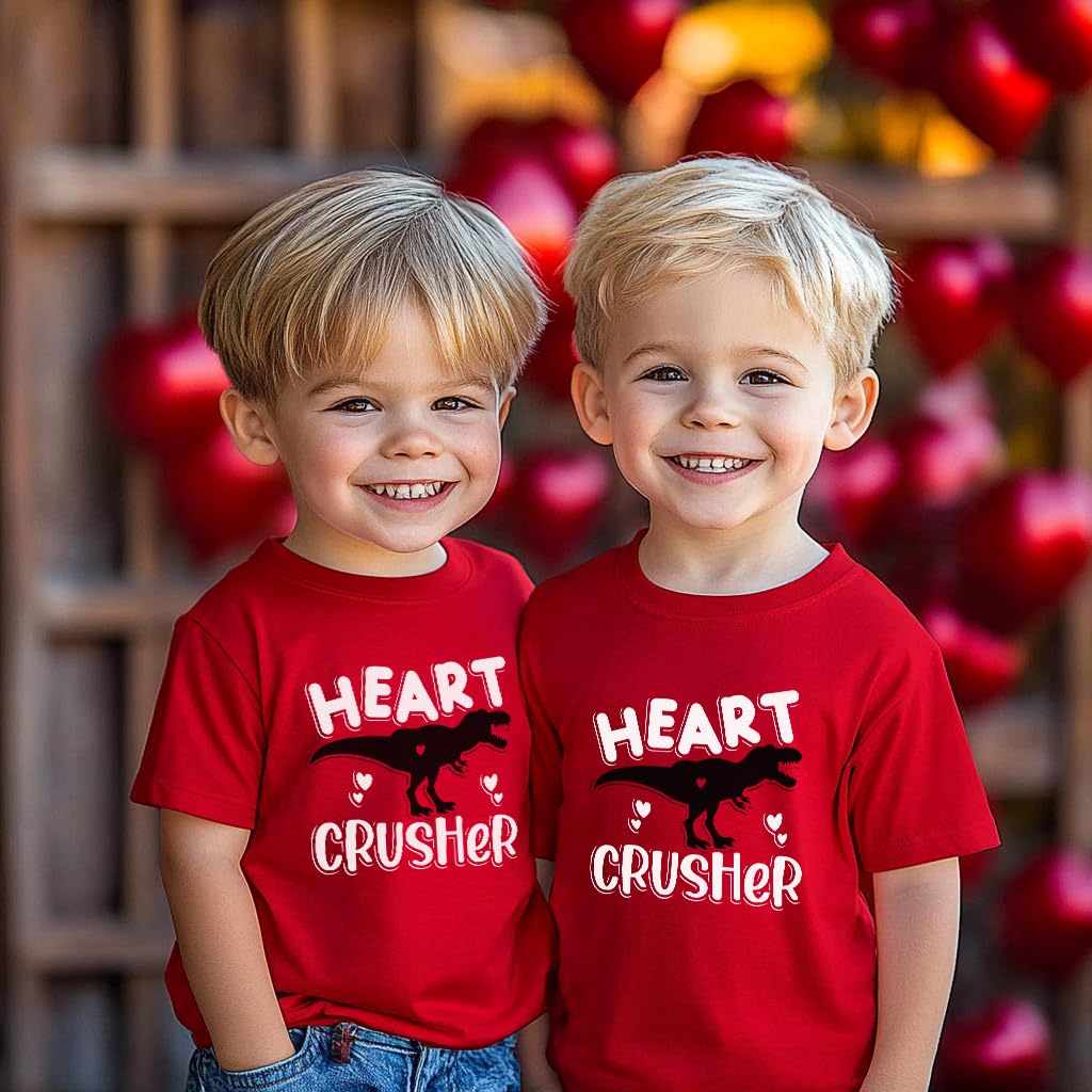 Boys Valentine'S Day T-Shirt Heart Crusher Dinosaur Shirt Kids Short Sleeve Cotton Fashion Red Tops For Size 6 Years