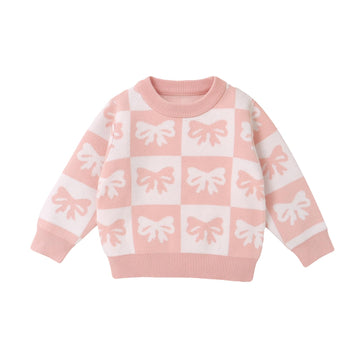 JLKGICF Toddler Baby Girl Chunky Sweater Cute Bow/Strawberry Printed Sweater Pullover Crewneck Sweatshirt FAL Winter Outfit (Bow