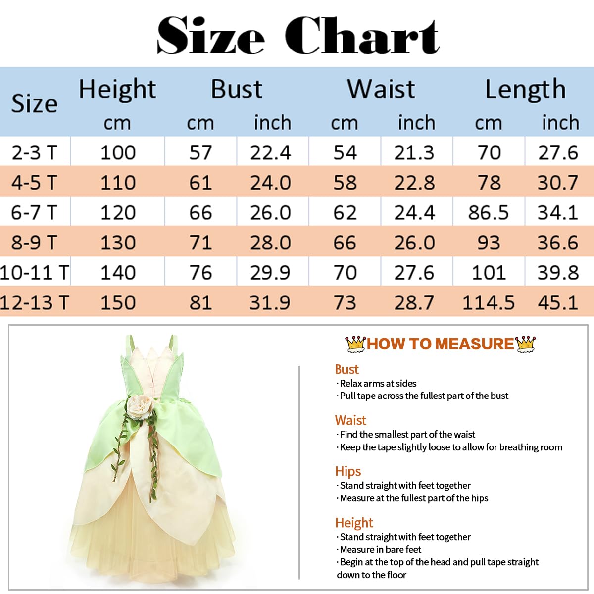 Tyhtym Princess Costumes Little Girls Dress Up Fancy Halloween Christmas Party (Tiana, 10-11T)