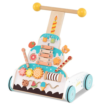 HONEY JOY Baby Push Walker, Wooden Infant Walker Activity Center w/Adjustable Handle, Develop Motor Skills & Creativity, Push To