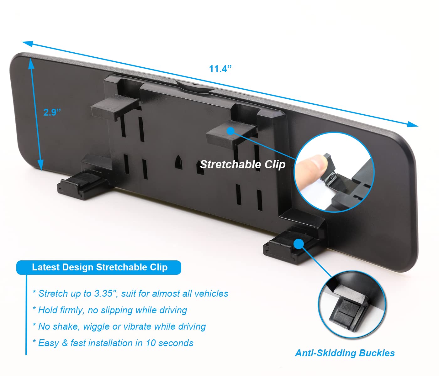 Universal 11.4 Inch Clip On Rearview Mirror - Anti Glare, Wide Angle - Convex - Blue Tint (Bonus 2 PCS Blind Spot Mirrors)