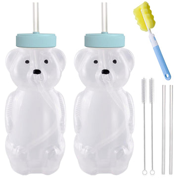 Honey Bear Straw Cups, Juice Bear Bottle Drinking Cup Long Straws With 4 Flexible Straws & Cleaning Tools, 8-Ounce Therapy Sippy