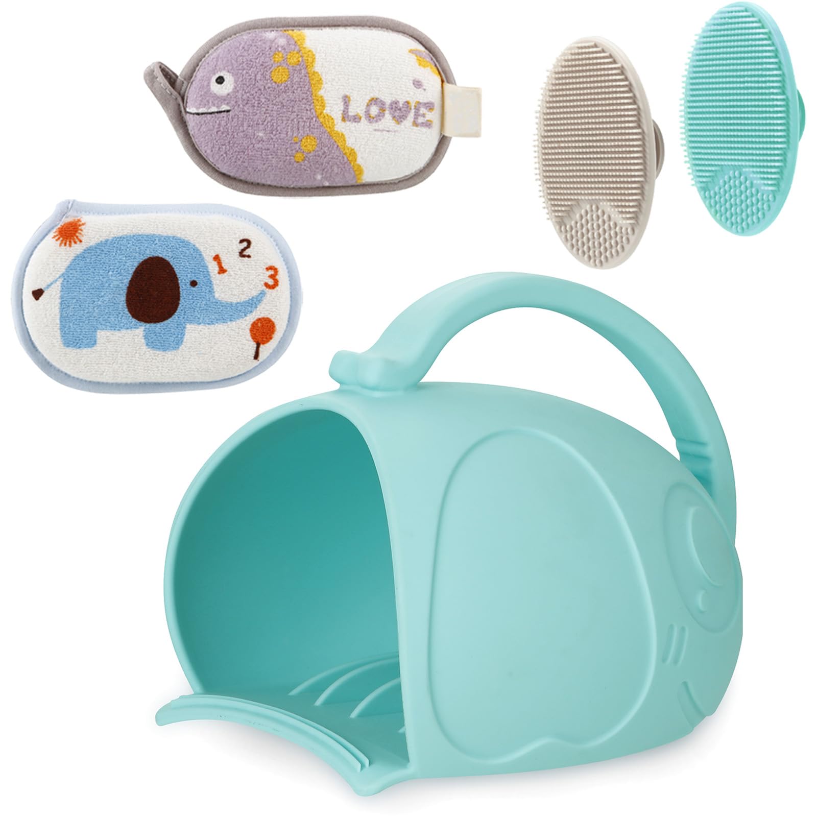 Pandaear Baby Bath Rinse Cup, Silicone Baby Shampoo Rinser With 2 Baby Bath Sponge & 2 Bath Brush For Infants, Toddler Body Wash