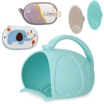 Pandaear Baby Bath Rinse Cup, Silicone Baby Shampoo Rinser With 2 Baby Bath Sponge & 2 Bath Brush For Infants, Toddler Body Wash