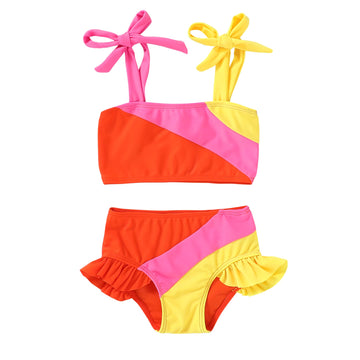Younger Tree Toddler Girls Two Pieces Swimsuit Color Block Stripe Swimwear Summer Beach Bathing Suit (Orange 2-3T)