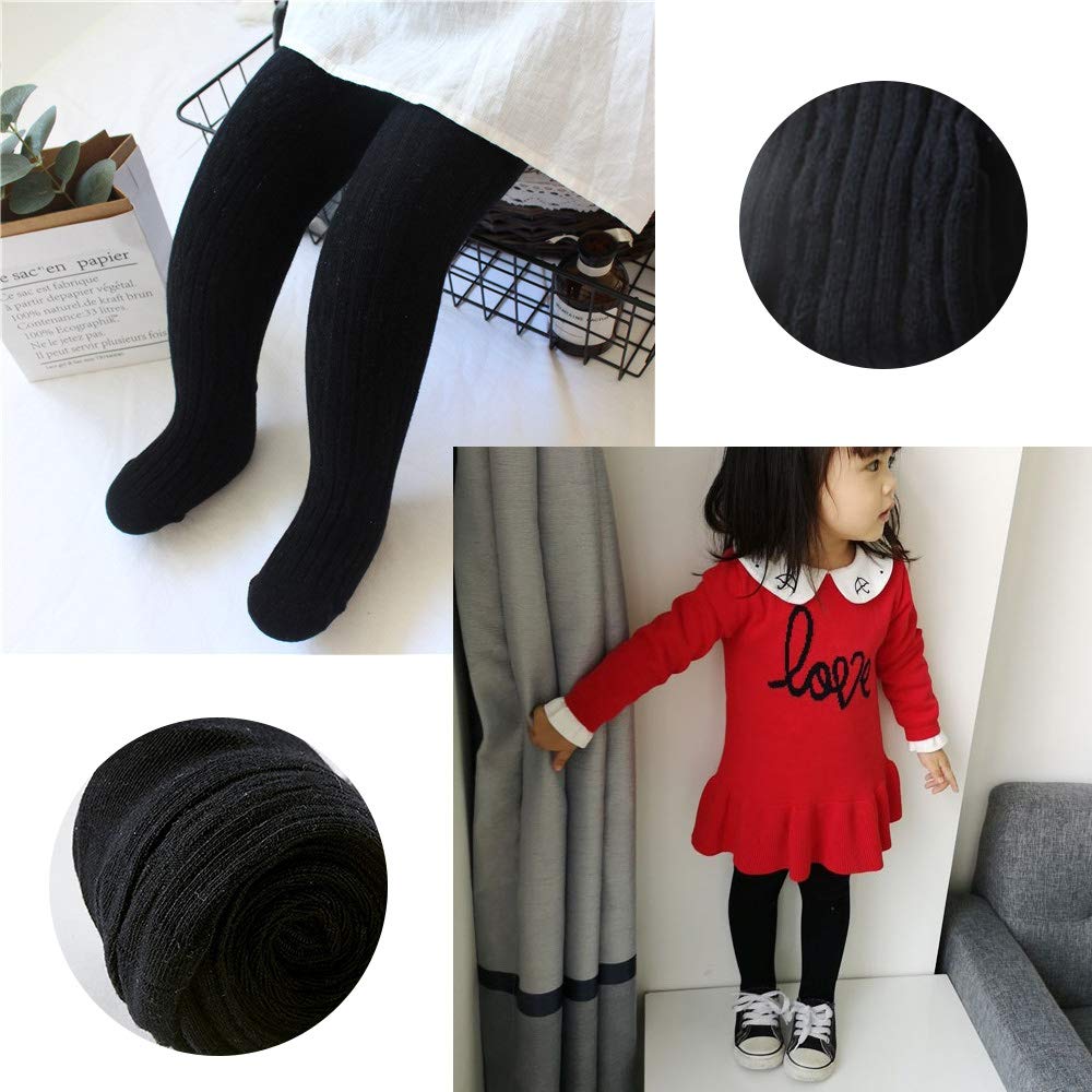 Techcity Baby Girls Tights Toddler Seamless Leggings Cable Knit Cotton Pants Stockings (Pack Of 3) (3 Pack Black White Purple, 2