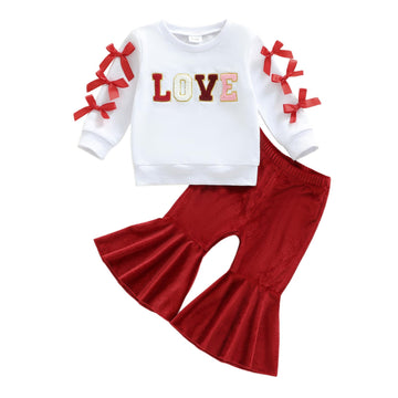 Eurvoku Toddler Baby Girl Valentines Day Outfit Embroidery Crewneck Long Sleeve Sweatshirt Top Flared Pants Set (B-Love White, 6