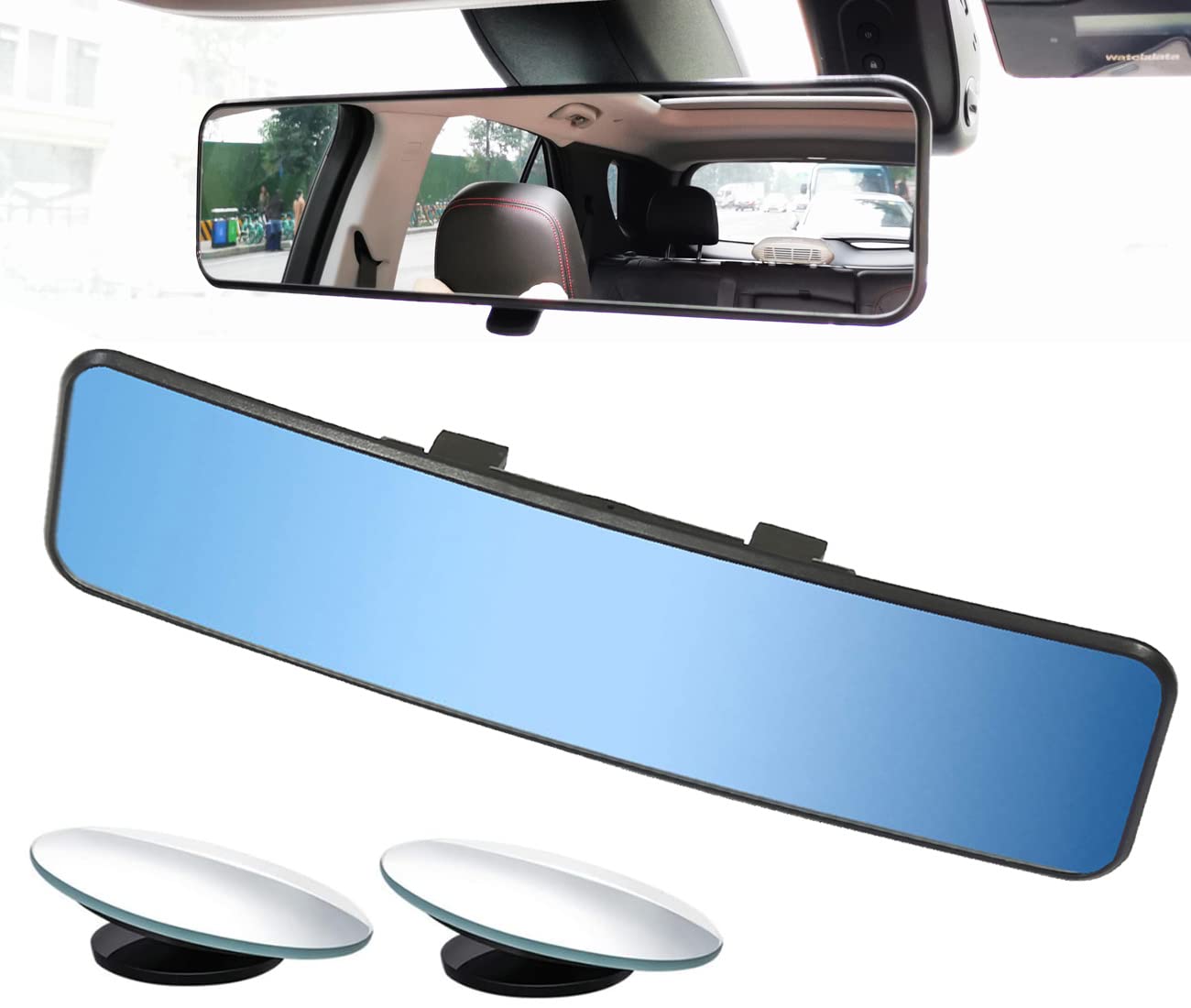 Universal 11.4 Inch Clip On Rearview Mirror - Anti Glare, Wide Angle - Convex - Blue Tint (Bonus 2 PCS Blind Spot Mirrors)