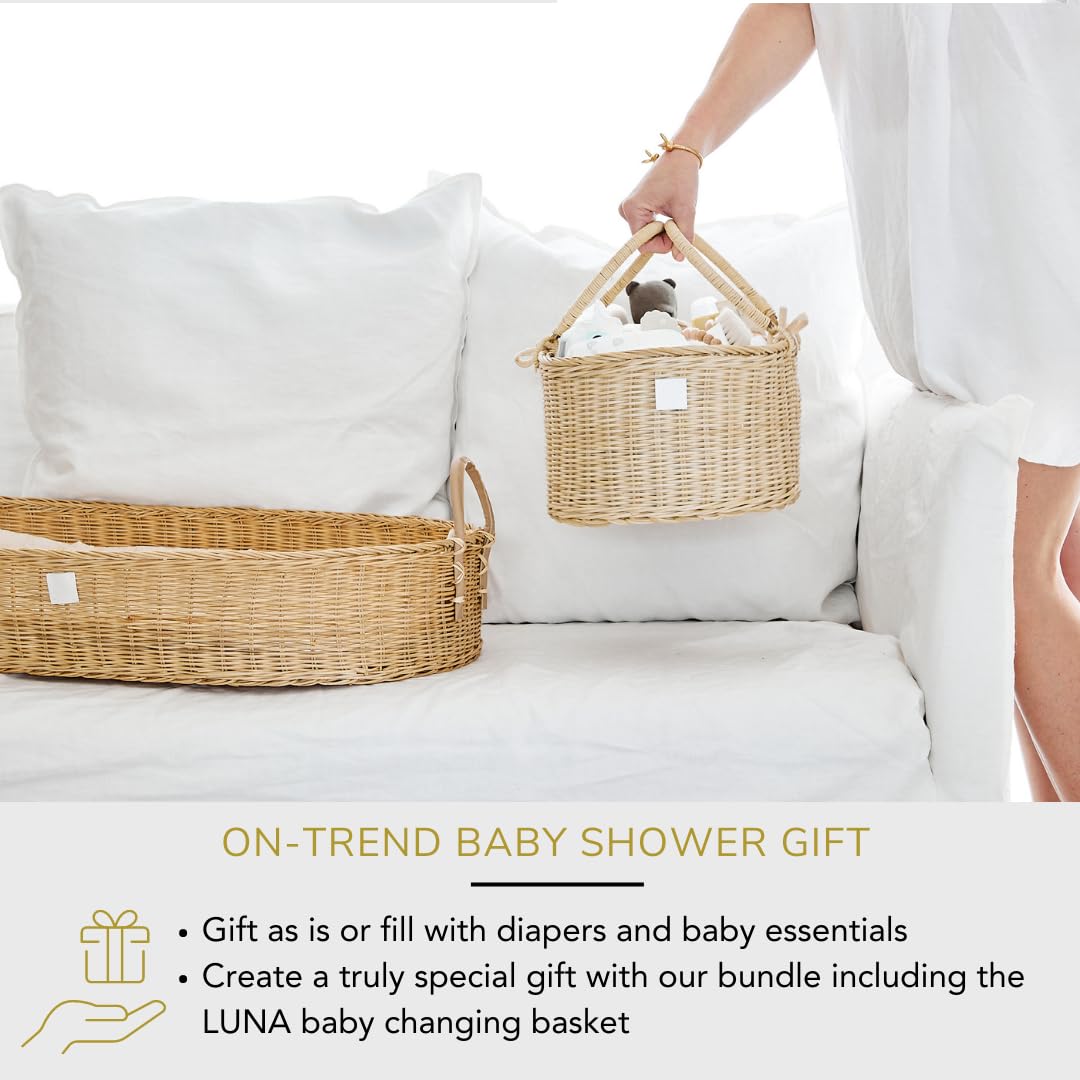 Bebe Bask Baby Diaper Caddy Organizer - Handmade Rattan - Luxury Diaper Caddy Basket - Cute Diaper Caddy For Baby Girl & Diaper