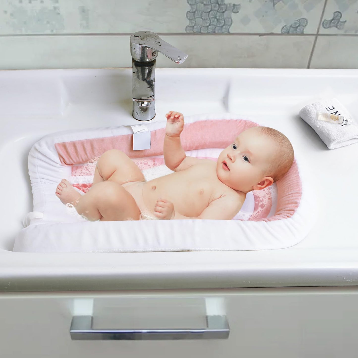Pandaear Baby Bath Pad For Infant Newborn | Bath Seat Soft Rainbow Cushion Mat For Sink Bathtub Essentials Shower Gift (Pink)
