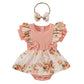 Hopscotch Baby Girls Cotton And Polyester Floral Print Ruffled Bodysuit With Headband In Peach Color For Ages (69 Months)