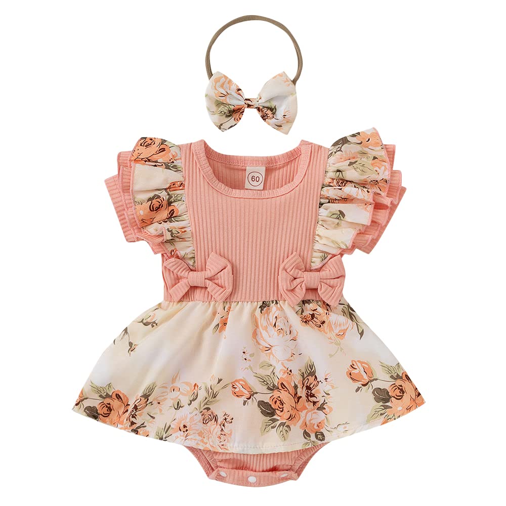 Hopscotch Baby Girls Cotton And Polyester Floral Print Ruffled Bodysuit With Headband In Peach Color For Ages (69 Months)